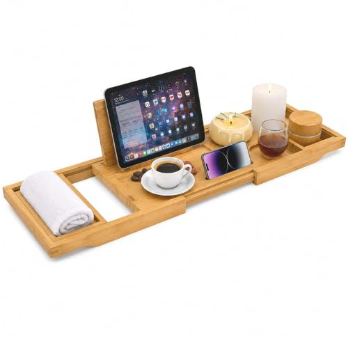 AUNEK Ausziehbares Badewannentablett, luxuriöses Badewannenregal aus Holz mit integrierten Halterungen für Bücher, Tablets, Handys, Gläser und Kerzen, verstellbare Caddy Brücke, passend für die