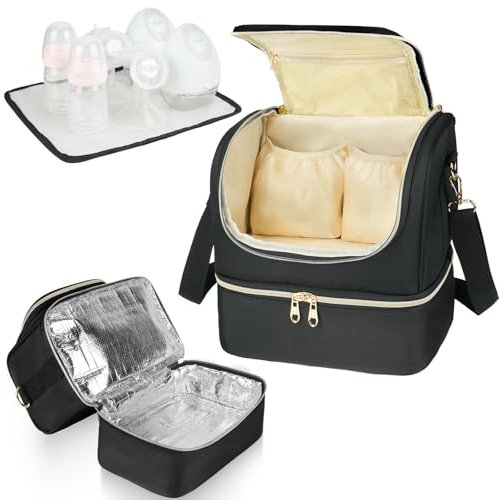 Jaffzora Portable Breast Pump Bag, Built-in Cooler & Ice Pack, Compatible with Willow/Elvie/Medela, Water-Resistant, Black
