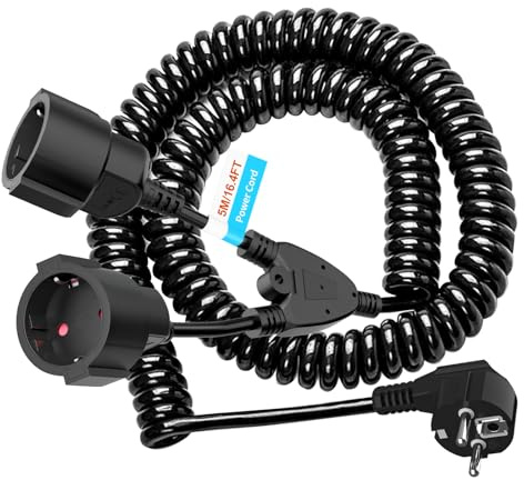 Rallonge électrique en spirale 1 à 2 contacts de protection - Câble en spirale extensible - 5 m Max - Rallonge IP20 avec prises 2 prises - Double prise Schuko - 3 x 1,0 mm² (230 V/16 A) - Noir