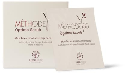Herbal Touch Optima-Scrub 4 bustine monodose 10 ml Maschera viso esfoliante rigenerante con Nocciolo di Albicocca, Papaya, Acido Jaluronico e Pentapeptidi per una pelle nutrita e setosa