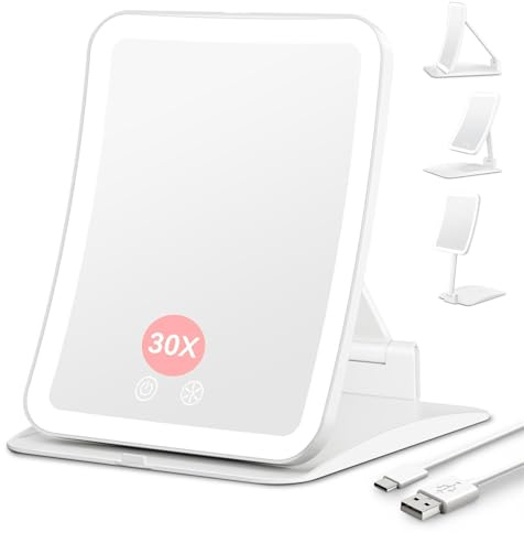 Auxmir Kosmetikspiegel mit Beleuchtung, LED Schminkspiegel 30X Vergrößerung | Smart Hall-Sensor, 2000mAh USB Aufladbar, Stufenlos Dimmbar, 3 Lichtfarben, Vergrößerungsspiegel mit Licht für Zuhause Reise