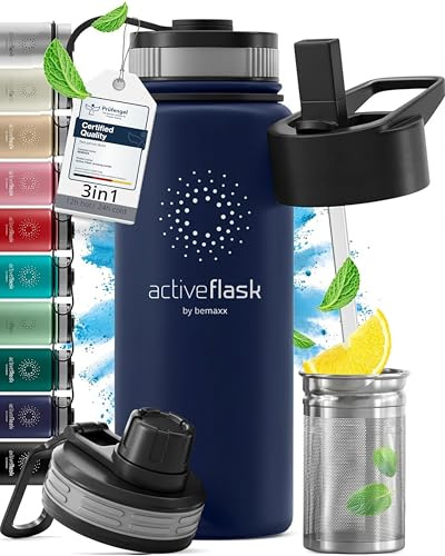Gourde Inox Isotherme ACTIVE FLASK 1l/500ml sans BPA + Paille (3 Bouchons) | Bouteille d’eau Acier Inoxydable Isolée, Thermos Réutilisable | Camping Velo Sport Running Randonnée Enfant, Café The
