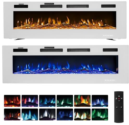 Ultra Thin Electric Fireplace 50/60 Wall Mounted/Recessed/Freestanding Fire Heater with 12 LED Flame Color 5 Brightness Thermostat Overheat Protection Remote & Touch 750W/1500 (White, 60inch/152cm)