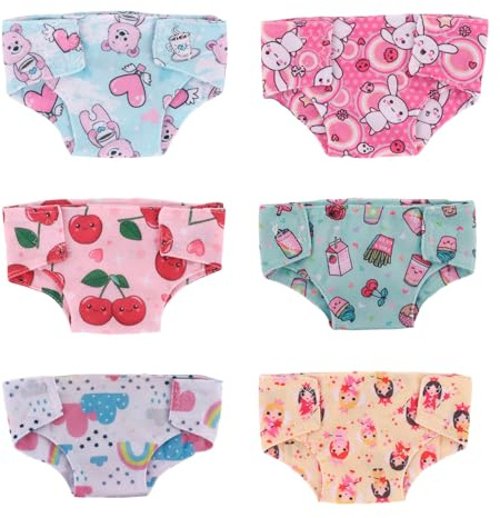 6 Stück Puppenwindeln für Baby Puppen 12-17 Zoll, Buntes Puppenzubehör für 30cm 35cm 38cm 43 cm Puppen, Wiederverwendbar Windeln in 6 Farben und 6 Mustern, Geschenke für Kinder