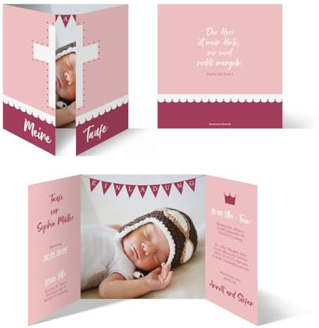 Kartenmachen.de Personalisierte Taufe Einladungskarten 10-100 Stück - Altarfalz Kreuz in Rosa - Taufeinladung