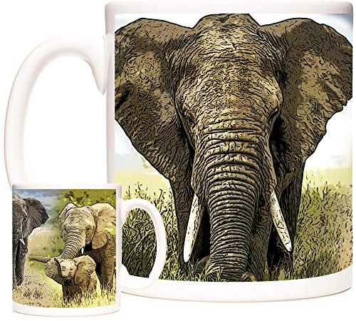 Elephant Gift Mug, Magnificent Elephants on an 11oz Ceramic Mug. Dishwasher and Microwave Safe. Animals of The World Range