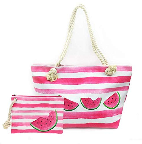FARI Große Strandtasche Damen, Reisetaschen Canvas Schultertasche Shopper mit Reißverschluss (Wassermelone)