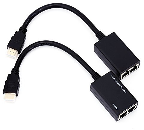 Répéteur d'extension HDMI 30M par CAT5e, émetteur + récepteur, TMDS DDC sur RJ45 Adaptateur d'extension de balun Ethernet LAN CAT6 CAT6 jusqu'à 1080p, Prend en Charge 3D, Noir