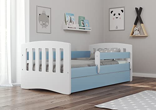 Kinderbett Jugendbett 80x160 80x180 mit Rausfallschutz Schublade und Lattenrost Kinderbetten für Mädchen und Junge - Classic I (80 x 140 cm, Blau)
