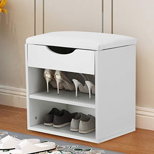 Shoe Storage with Seat, 2 Tier Shoe Cabinet, White Shoe Storage Bench with Seat, 2 Compartments, Hidden Storage, Shoe Rack with Seat for Hallway Bathroom Living Room, 15.94 x 11.89 x 16.5 inch