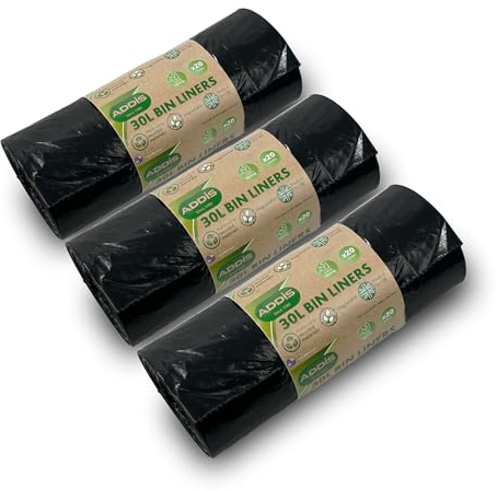 Addis 30 litre Indoor Kitchen Waste Trash bin liners, Bulk 3x 20 roll pack, total 60 liners, Black