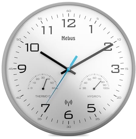 Mebus moderne Funk-Wanduhr mit Temperaturanzeige und Luftfeuchtigkeit, 30 cm, Funk-Uhr, Wohnzimmer, Küchenuhr / Modell: 52842 / Farbe: Grau