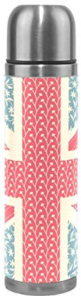 BKEOY Mug de voyage isotherme en acier inoxydable à double paroi anti-fuite Bouteille vintage Drapeau de la Grande-Bretagne Imprimé Personnalisé Cuir véritable Bouteille Thermos 500 ml
