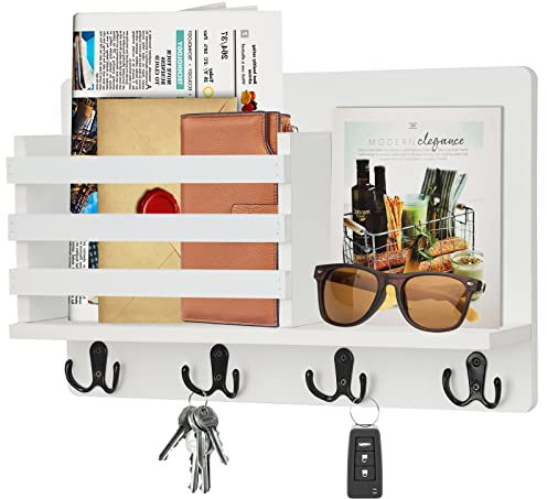 Wall Mount Entryway Key Holder Hooks,Wood Key Holder Organizer,Wall Mounted Mail Holder,Mail Envelope Organizer, Letter Sorter, Newspaper Storage, Ornament Home Decorative Floating Shelf (White)
