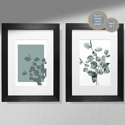 Hygge Creations Eukalyptusblätter, Kunstdrucke (2 Stück) – Plant Art | Green Wall Art | Eukalyptus Poster schwarzer Rahmen mit Passepartout A3