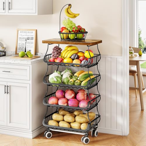 SAYZH 5-Tier Fruit and Vegetable Basket Stand for Kitchen, Wood Top, Black