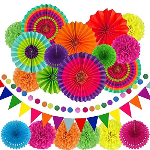 21Pcs Party Decorations Paper Fans Set, Multi-Colored Hanging Paper Fan Round Wheel Disc, Tissue Pom Poms Flowers and Triangle Flags for Birthday Party, Wedding Decorations, Fiesta Party Supplies