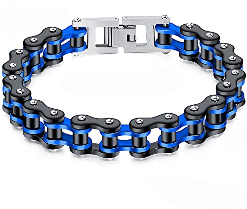 NEUSOP Gioielli in Acciaio Inossidabile Uomo Gioielli Bracciale Catena Motociclista Moto Braccialetti Bangle Regali di San Valentino,Blu