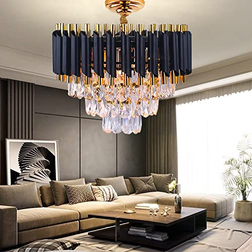 Modern Kronleuchter Kristall Leuchte,3 Ebenen Regentropfen Kristall Kronleuchter Leuchte 5xE14 Lichter ,Kristall Deckenleuchte gold für Esszimmer, Küche, Wohnzimmer, Schlafzimmer(Schwarz 40cm)