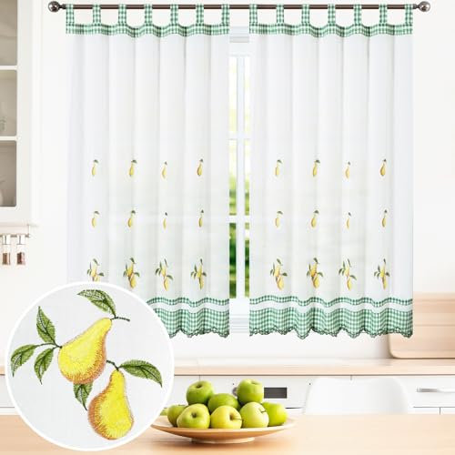 BOD HOME, 2 Piezas, Cortinas Blancas Translúcidas con Trabillas. Cortinas para Cocina, Diseños de Frutas y Tazas con Acabado de Color. Cortina Media Altura Hecha de Poliéster, 100x150cm (AnchoxAlto)