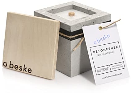 Betonfeuer® - Das Original der Beske-Manufaktur | Modell 'Pico' | 10x10x10cm mit Dauerdocht | Wiederbefüllbare Fackel | Unendliche Brenndauer | Recycling von Kerzenwachs | Tischfeuer Fackel