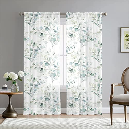 Hiseng Voile Vorhänge Wohnzimemr Transparent Gardinen Vorhang Halbtransparent für Fenster Wohnzimmer Schlafzimmer Moderne und Elegante Transparent Gardine 2er Set (132x245cm,Eukalyptus)