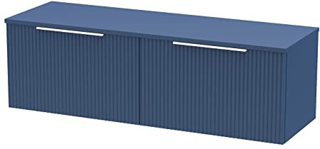 Hudson Reed DFF394W2 Fluted Modern Bathroom Wall Hung 2 Drawer Double Vanity Unit with Colour Matched Worktop, 1200mm, Satin Blue