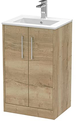 Hudson Reed JNU1801B Juno Modern Bathroom Floor Standing 2-Door Vanity with Minimalist Ceramic Basin, 500mm, Woodgrain Autumn Oak