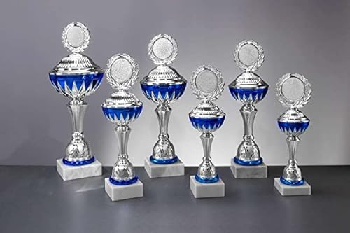 eberin · Pokal Leon, Silber-blau, mit Wunschtext, individuellem Motiv-Emblem, wählbar in 6 Größen, oder als 6er-Serie, Größe 34,5 cm