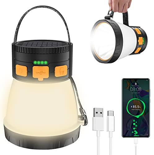Lanterne de camping LED 1500 lumens rechargeable super lumineuse avec panneau solaire, étanche, 3 modes d'éclairage, batterie externe 7500 mAh, lanterne de tente pour urgence, randonnée, extérieur