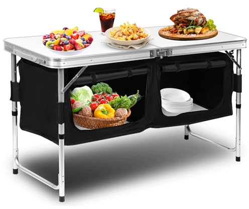 Ansobea Armoire de camping pliable en aluminium avec espace de rangement/sac de transport, pique-nique en plein air, camping, table de camping, meuble de cuisine, cuisine de voyage