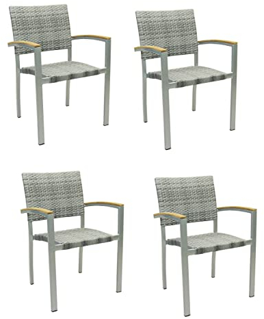 Konway 4X Borneo Stapelsessel Granit Premium Polyrattan Garten Sessel Stuhl Set Gartenstühle Gartenmöbel Terrasse Sitzgruppe Outdoor Lounge Möbel