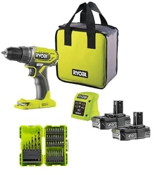 Pack RYOBI - Perceuse Visseuse R18DD2-220S - 18V One Plus - 2 batteries 2,0Ah - chargeur - Coffret antichocs empilable 38 accessoires - porte embouts