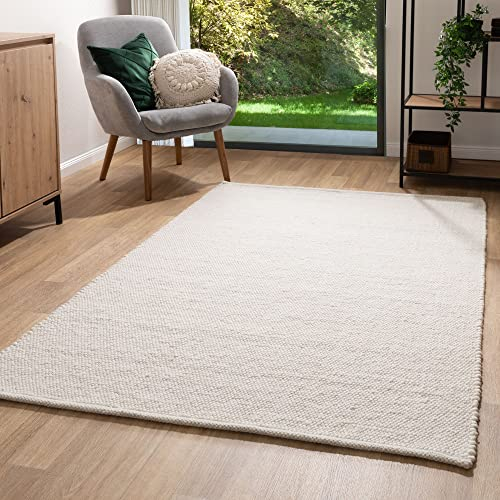 Steffensmeier Handwebteppich Leo | veredelte Schurwolle | Wohnzimmer | Fusselstopp | Natur Hell, handgewebt, Größe: 80x150m