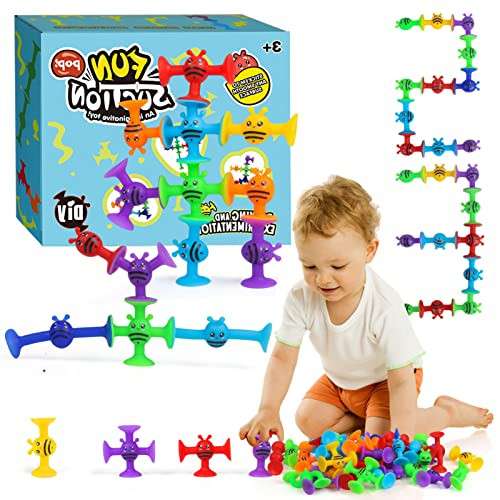 Saugnapf Spielzeug Baby, Kinder Badewannenspielzeug ab 3 Jahre, 40 Stück Montessori Sensorik Spielzeug Silikonbausteine Saugspielzeug, Stressabbau Geschenk für 4 5 6 Jahre Junge und Mädchen