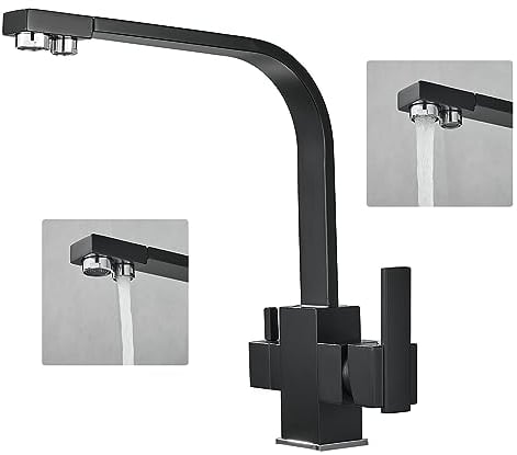 KEOKBON 3 Wege Wasserhahn Küche, 360° Drehbar Küchenarmatur, 3 in 1 Mischbatterie für Wasserfilter, Spültischarmatur aus Messing, Trinkwasserhahn mit 2 Hebel, Tinkwasserhahn und Küchenmischer, Schwarz
