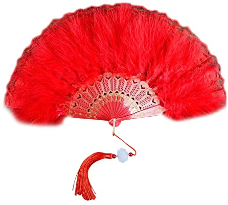 Marabu-Feder-Fächer im Vintage-Stil, faltbar, mit Spitzenquaste, Cheongsam-Kostüm, Cosplay, Party, doppelseitiger Federfächer, Rot