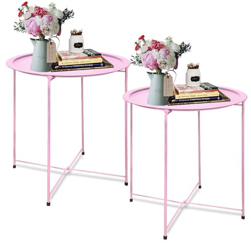 Garden 4 you Lot de 2 tables d'appoint rondes en métal rose - Plateau pliable cyan - Petite table d'appoint ronde - Plateau de table d'appoint rond à côté de la table de canapé, table de collation