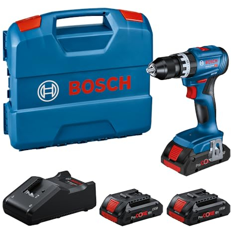 Bosch Professional 18V System taladro percutor a batería GSB 18V-45 (velocidad de giro de 1900 rpm, incl. 3 baterías ProCORE de 4,0 Ah, cargador GAL 18V-40, en L-Case), Black