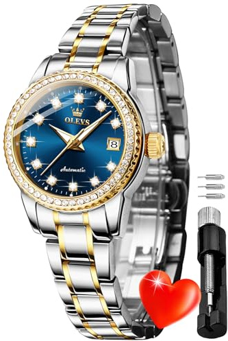 OLEVS Womens Diamond Watches Automatic Mechanical Gold Luxury Dress Ladies Self Winding Original Stainless Steel Wrist Watch