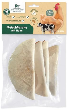 Knuffelwuff 4X große Fleischtaschen (ca. 80 g) | Leckere Hühnerbrust und Rinderrohhaut: Belohnen Sie Ihren Hund mit gesundem Kauen für Starke Kaumuskeln | wiederverschiessbar | für alle Hunderassen