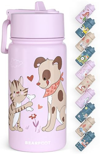 BEARFOOT Trinkflasche Kinder Edelstahl mit Strohhalm - Thermosflasche 400ml - BPA frei - auslaufsicher - Kleinkinder, Mädchen & Jungen Wasserflasche für Schule, Kindergarten (Lila - Hund Katze)