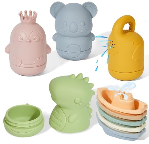 ATAUSD Jouet de Bain Bébé, 9 Pièces Jouet Bébé en Silicone, Animaux Jouets Flottants pour Enfants, Jouet de Baignoire pour Le Bain Piscine La Plage san BPA