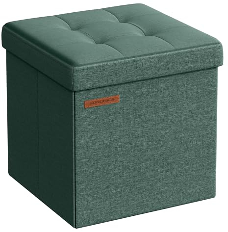 SONGMICS Storage Ottoman, Foldable Small Ottoman Foot Rest, 30 x 30 cm Foot Stool, Ottoman with Storage, Load up to 130 kg, for Living Room, Bedroom, Dorm, Retro Green LSF028C51