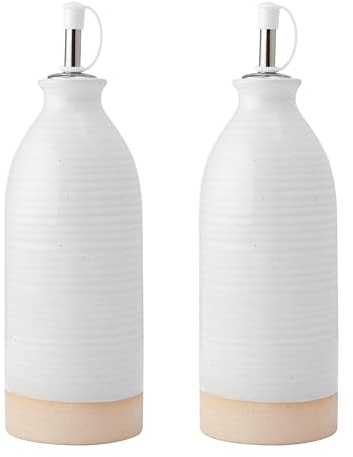 KitchenCraft Idilica Bottiglie per olio e aceto in gres, Set di 2 versatori per olio e aceto in ceramica con base non smaltata, Crema, 450ml