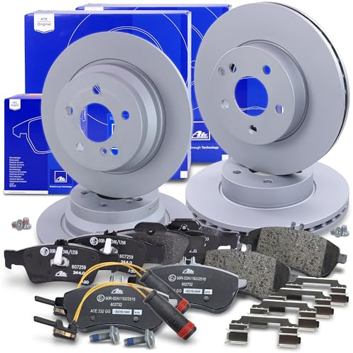 ATE Bremsenset inkl. Bremsscheiben vorne Ø 295 mm belüftet + hinten Ø 300 mm voll und Bremsbeläge vorne + hinten und Verschleißkontakt Kompatibel mit MERCEDES E-Klasse (W212), E-Klasse T-Model (S212)