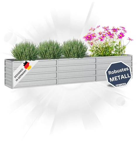 DELUKE Hochbeet für Garten Oskar Silber | 240x40x45cm | Verzinkter Stahl | Wetterfest | Gartenbeet Kräuterbeet Blumenbeet Beet hoch Frühbeet für Garten Gemüsebeet