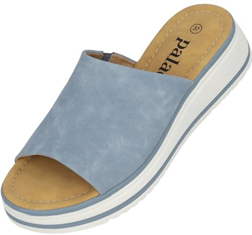 Palado Sandalen Damen Rhat – bequeme Hausschuhe mit Plateau-Sohle - modische Pantoletten - elegante Sommerschuhe Blau UK6 - EU39