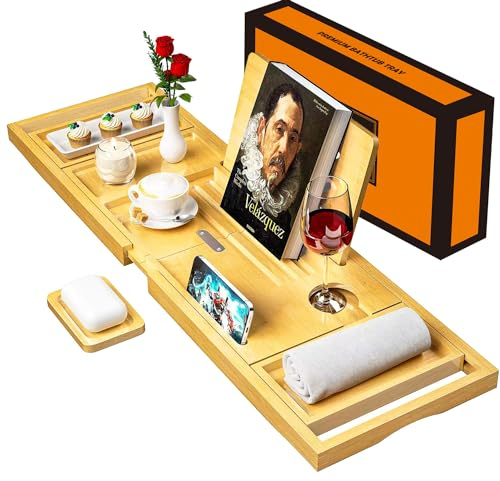 Bathtub Caddy Tray for Tub,Foldable Bamboo Bath Table Tray with Book and Wine Glass Holder, Free Soap Dish Suitable for Luxury Spa or Reading