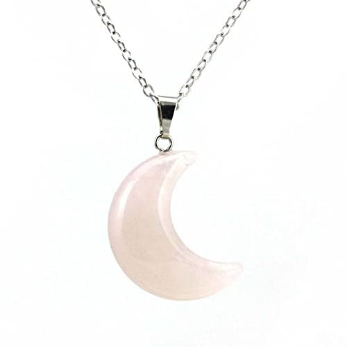 ParfCO Pendentif Pierre Naturelle, Collier en Cristal de Guérison pour Femme, Pendentif Croissant de Lune, Amulette Reiki en Quartz Rose, Bijoux en Argent, Cadeau pour Femmes et Filles
